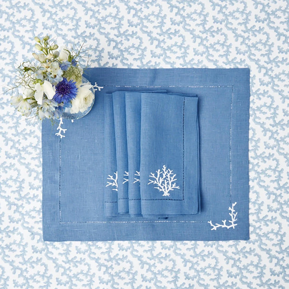 Wholesale 100% Pure Linen Custom Embroidery tassel cocktail hemstitch border linen Napkin for Wedding home