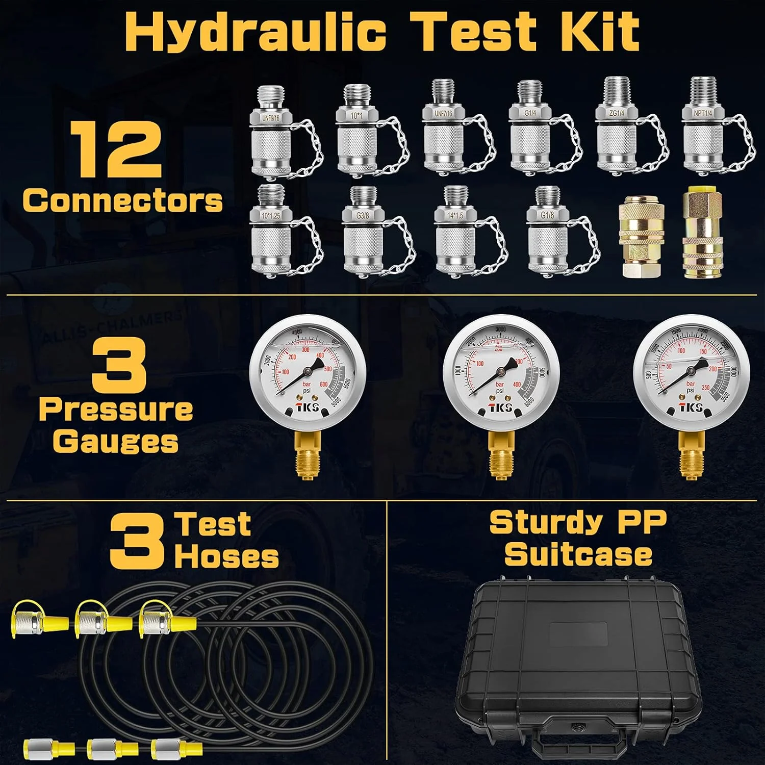 TKS Stainless Steel 3 Gauges Pressure measurement tool Hydraulic Pressure Gauge Test set With Hose For Excavator