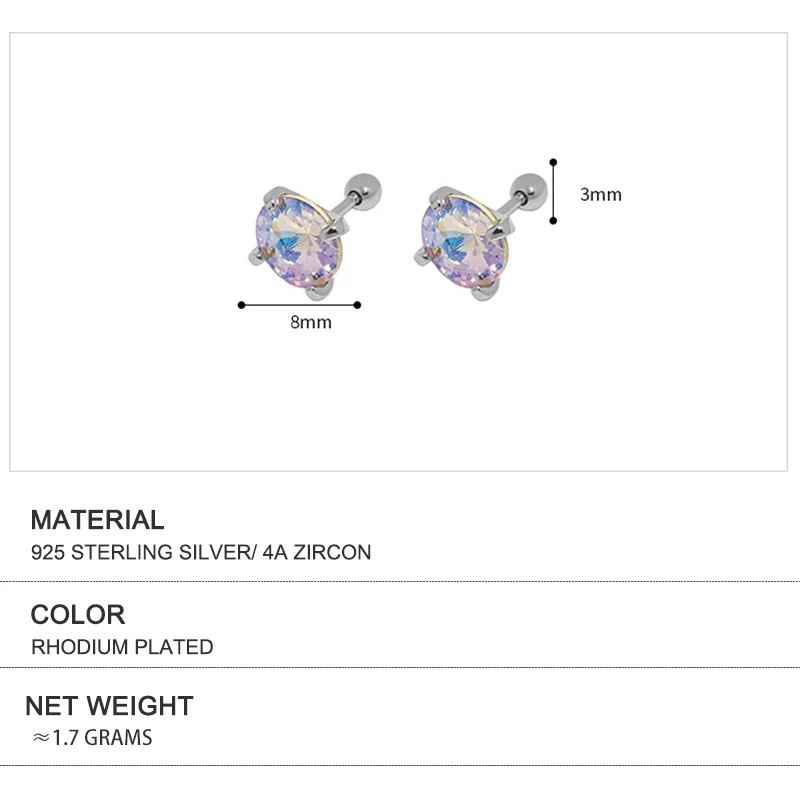 Wuqie Fashion 925 Sterling Silver Minimalist Piercing Screw Lock Ball Square Zirconium Stud Earrings