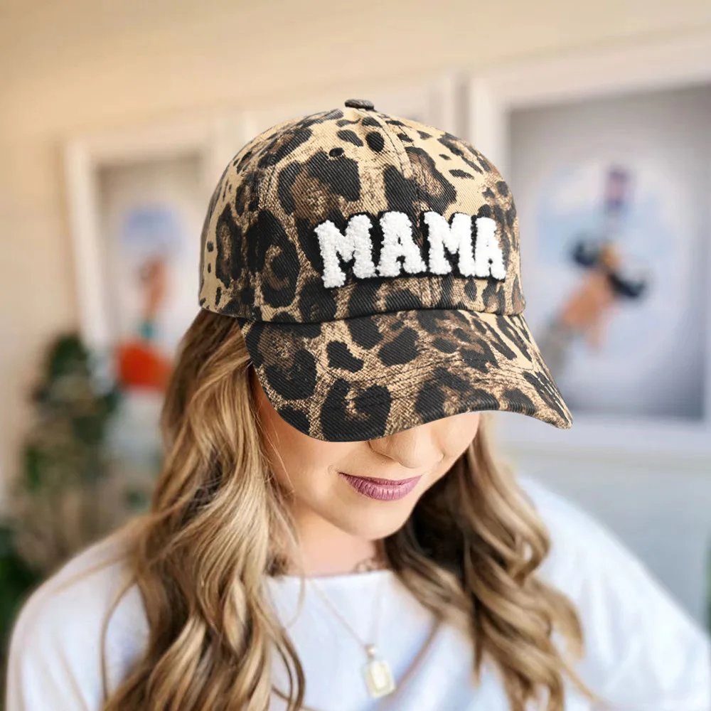Wholesale New Camo Leopard Print Embroidered Mama Baseball Cap For Mother Gift Chenille Letter Washed Sports Ponytail Hat