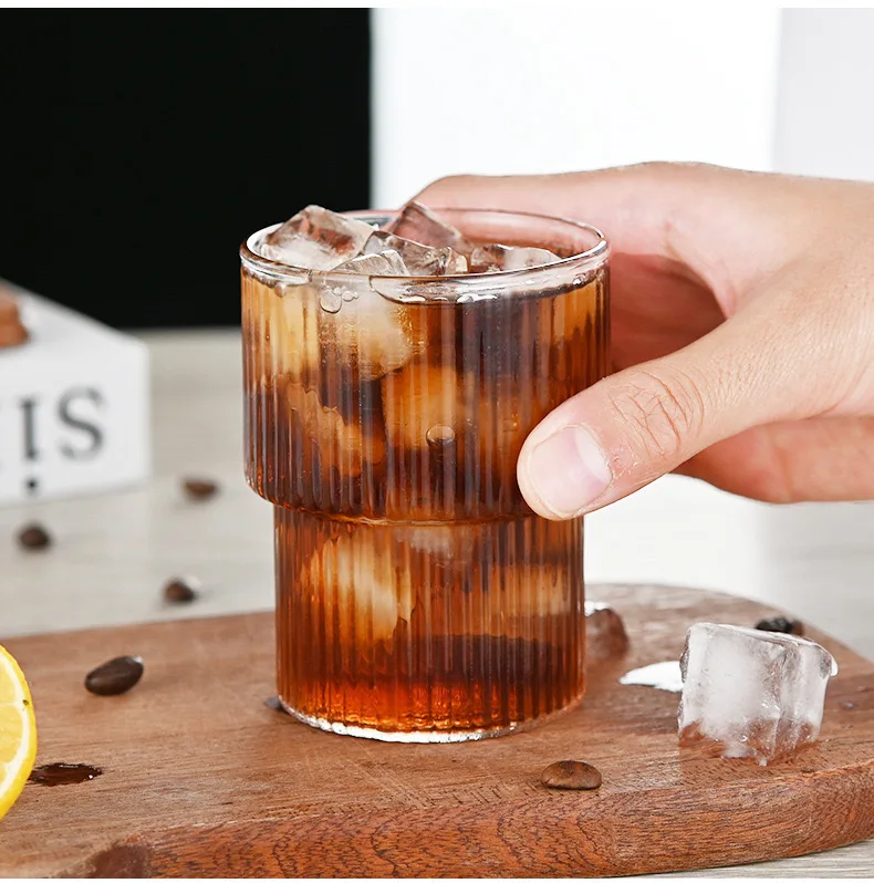 High Quality Reusable Glass Cup Striped Coffee Tumbler Irregular Water Glasses for Cafe Shop and Party