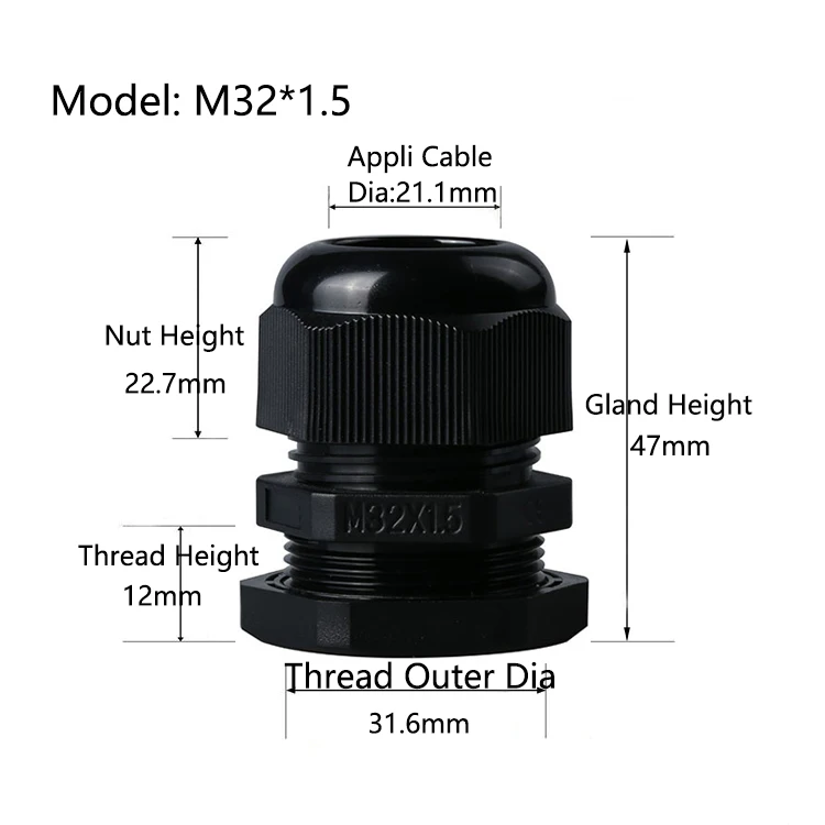 CE IP68 Watertight Metric Thread M32 Nylon Plastic Cable Gland