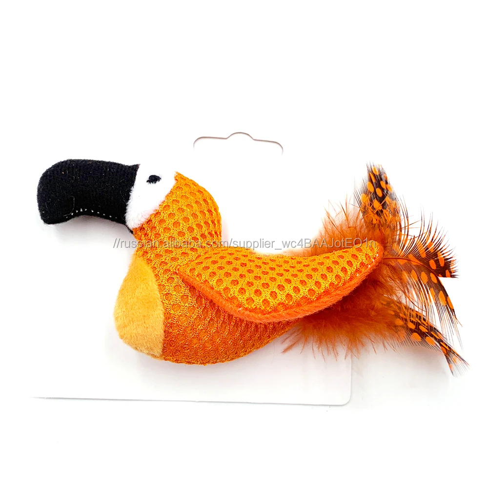 Оптовая продажа органические царапины chaser полиэстер оранжевый попугай в форме игрушки для кошек с пером