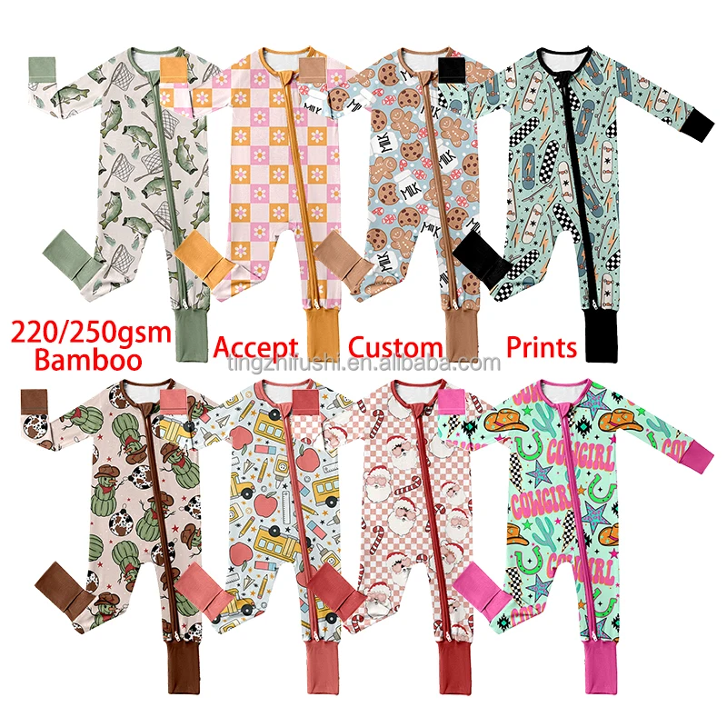 220gsm Custom Print Children Infant Girl Toddler Bamboo Viscose Pajamas Wholesale Newborn Baby Winter Romper Zipper Sleeper