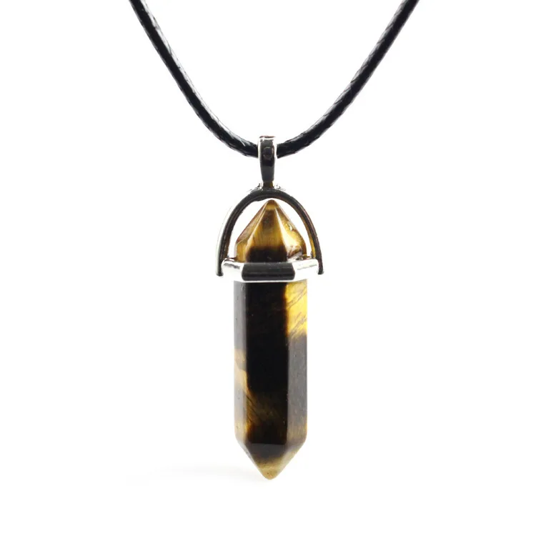 Natural Stone Hexagonal Column Pendant Bullet Necklace Tiger eye Rose quartz Crystal Amethyst Stone Necklace For Men And Women