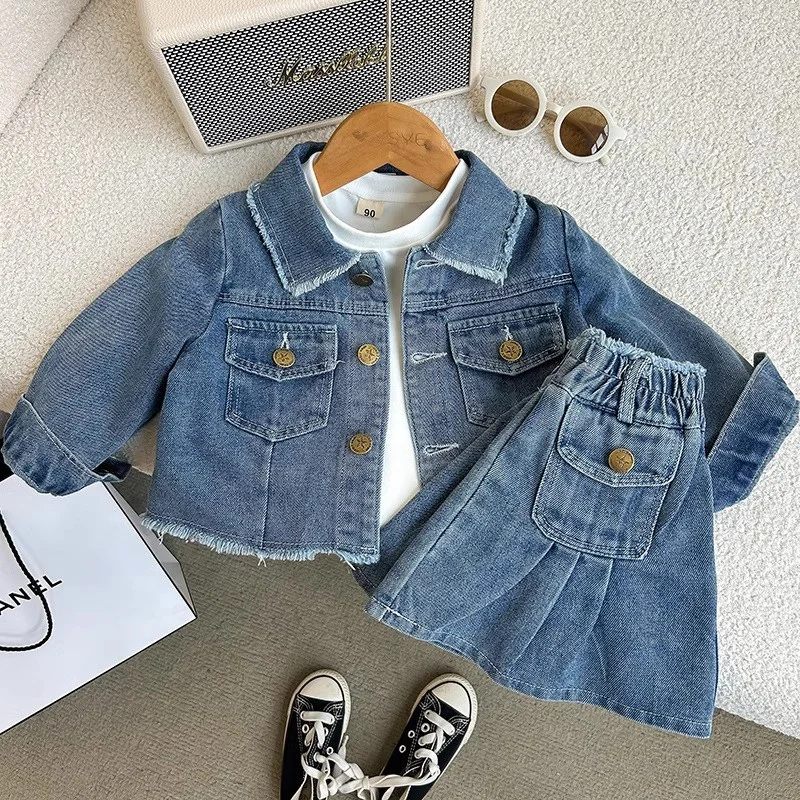 2024 Girls Clothes Sets Spring Autumn Denim Kids Long Sleeve Jackets Skirt Casual Boutique Costumes Fashion Children Clothing