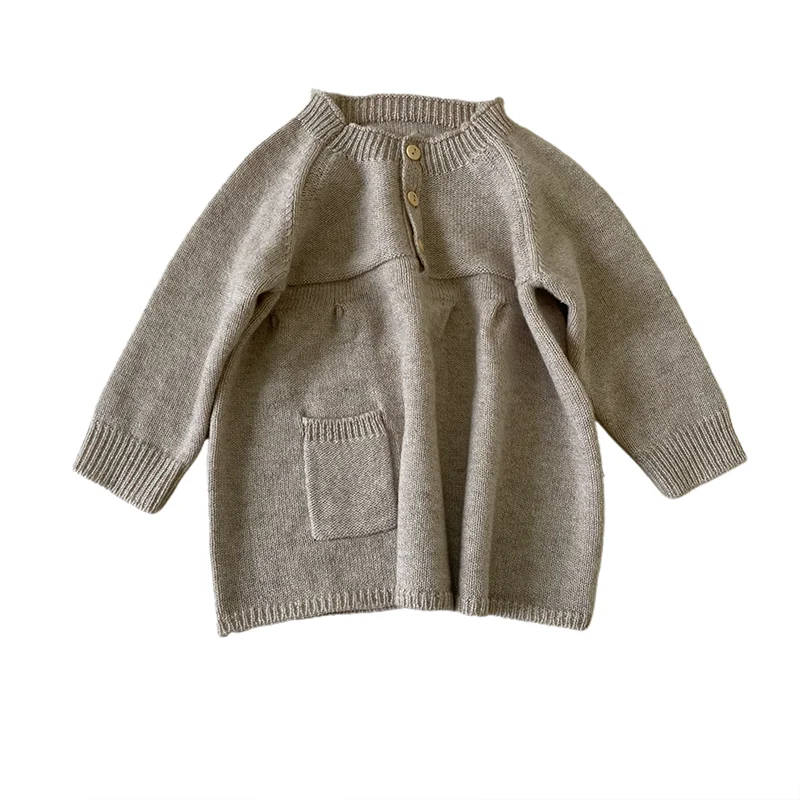 Autumn Winter Wholesale Girls Knitted Woolen Dress Long Sleeve Patchwork Cute Cartoon Dress Kids Clothes