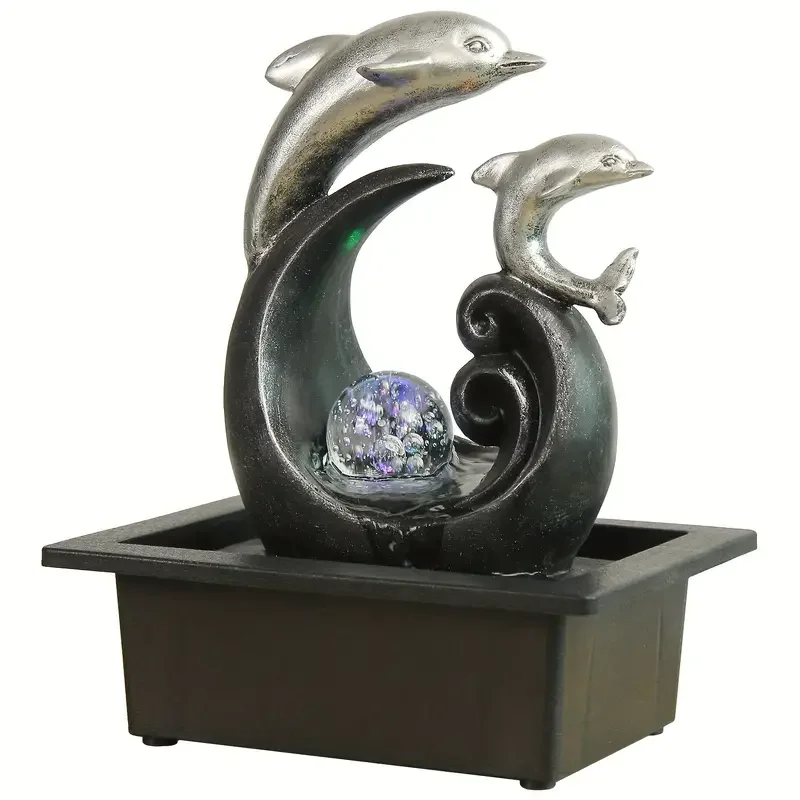 Home Office Desktop Waterfall Ornaments Indoor Tabletop Dolphin Water Fountain With Rotating Crystal Ball