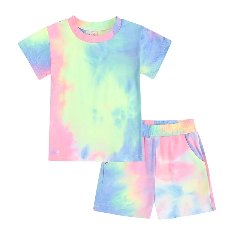 Children Boys Summer Sets Tie Dyed Short Sleeve Shorts 2 Pieces Outfits Unisex Kids Girls Tie Dye Clothing Tracksuit Suits