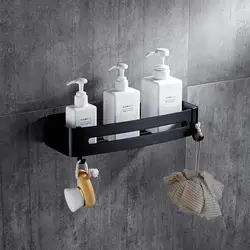 Aluminum Rustproof Shower Corner Caddy No Drilling Adhesive Black Bathroom Basket Shelf with Hooks