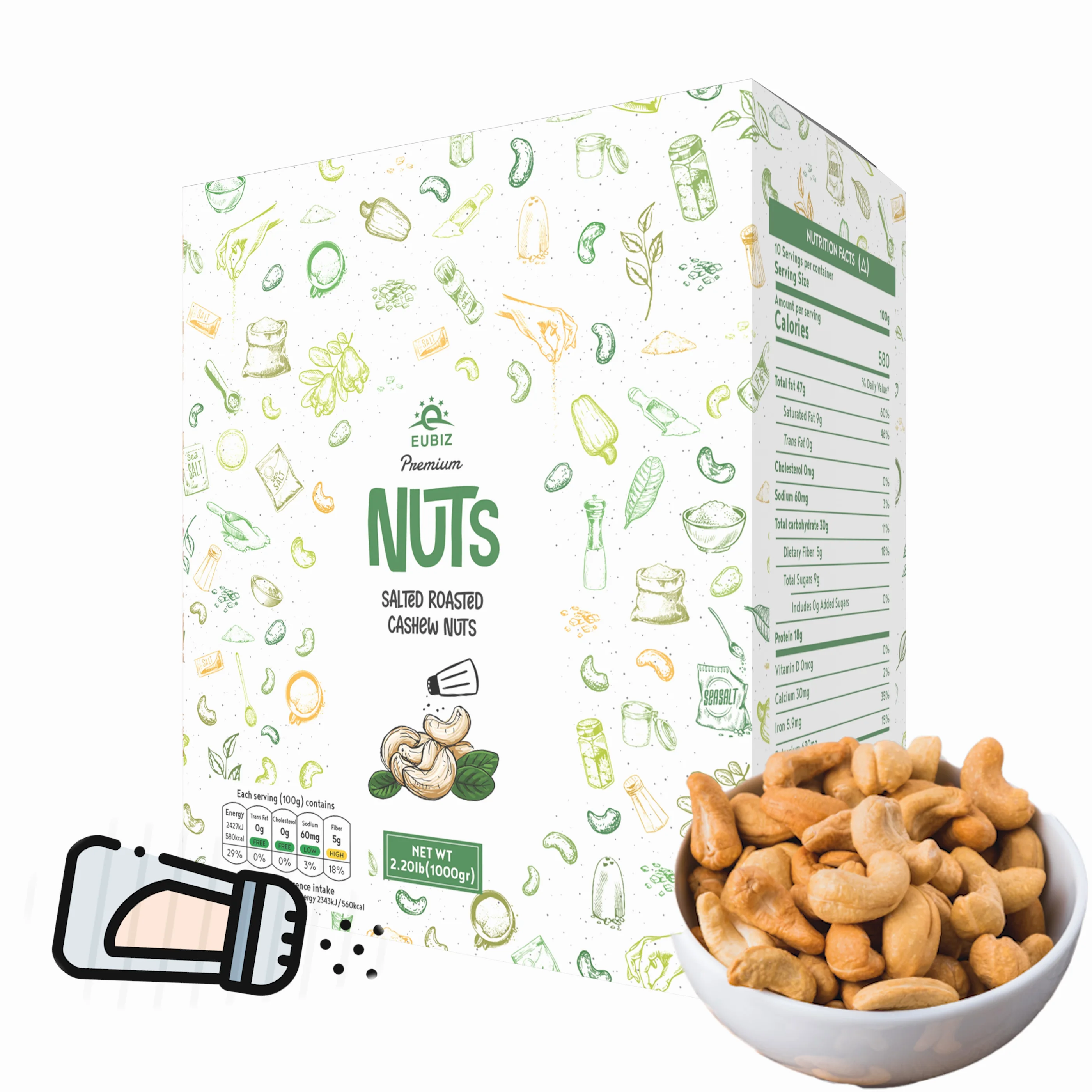 EUBIZ - Cashew Nuts - Flavor: Salted - No Silk-shell - Box (1000 3 3z) - Made in Vietnam ( Paper Box)
