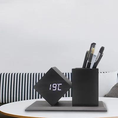 Manufacturer Custom Decor Square Stand Kid Desk Table Wood Digital Led Alarm Clock With Pen Holder