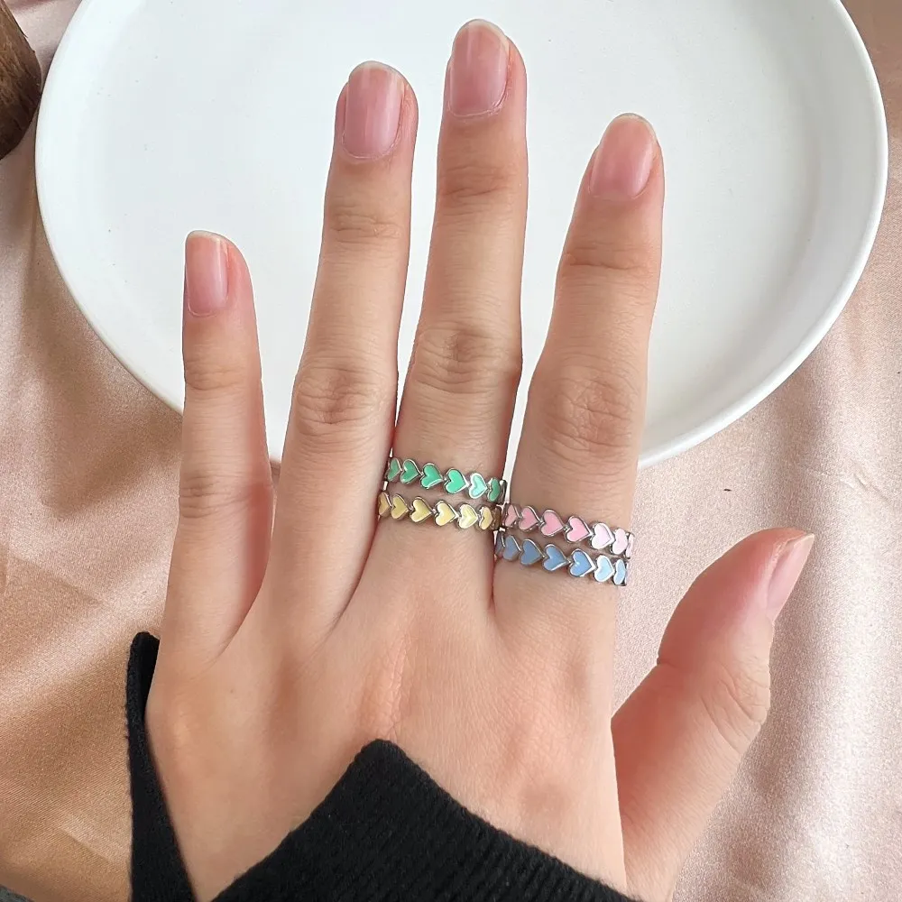 New Fashion Candy Color Drop Glue Enamel Love Cute Enamel Heart Rings 925 Sterling Silver Heart Shaped Ring