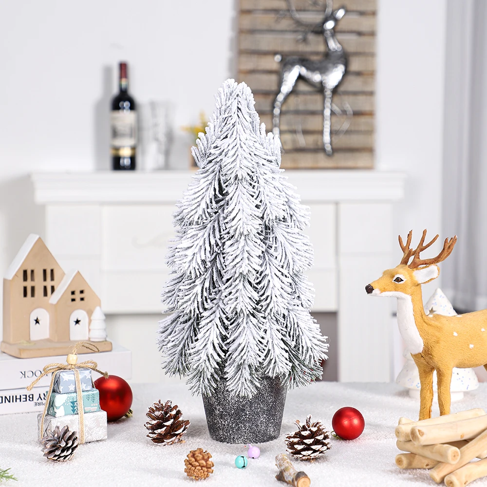 New design 30cm Small Christmas Table Top Tree with White Flocked PE Leaves Mini Christmas Tree Christmas Decorations