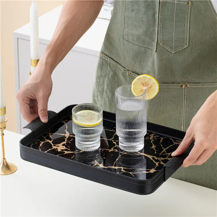 Hotel custom size black glass serving trays home decor rectangular mirror vanity wedding tea marble tray with handle