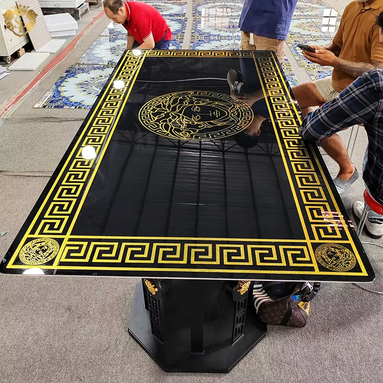 Mirrored modern style home dining table 6 seater tempered glass high glossy sintered stone Italian black and gold dining table