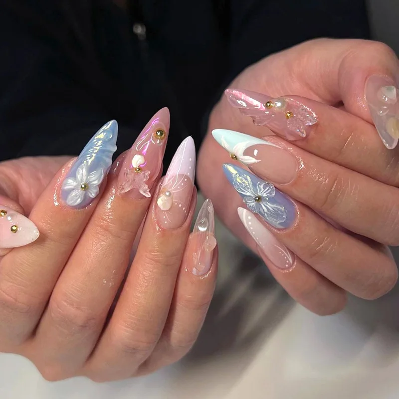 Glossy Gold Pearls  Almond Acrylic False Nails24Pcs 3D Flower Press on Nails Gel Glue on Nails 3D Full Cover Fake Nails