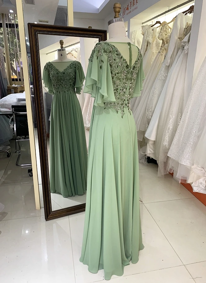2024 sage green puff sleeve embroidery beading round neck zipper up back chiffon skirt mother of the bride dresses