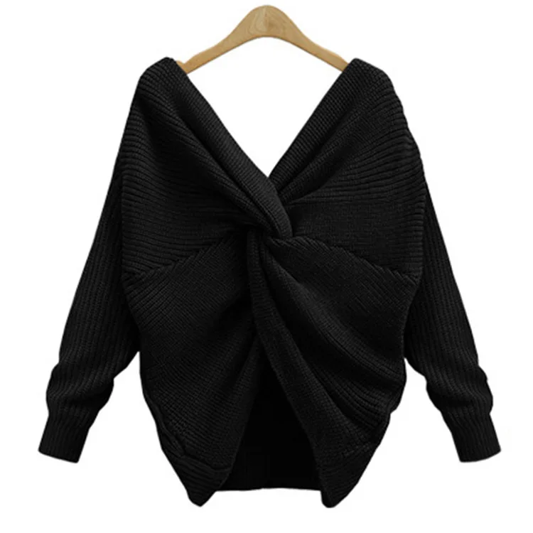 Spring and autumn sexy V neck dew back knit unlined upper garment cross on the back of loose versatile long sleeve sweater