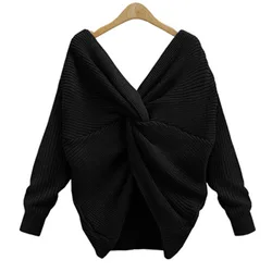 Spring and autumn sexy V neck dew back knit unlined upper garment cross on the back of loose versatile long sleeve sweater