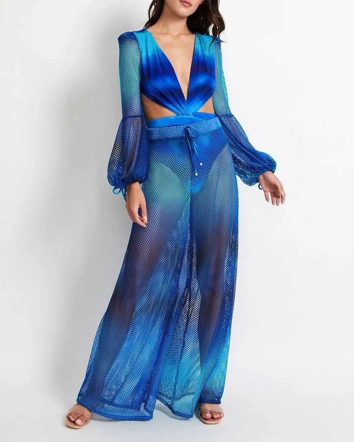 2022 New Women Deep V Netted Lantern Long Sleeve Ombre One Piece Swimsuit and Pants Backless Swimwear Mesh Pants Beachwear OEM