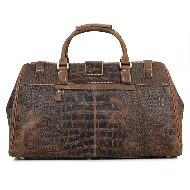 Dark Brown Men Gym Bag Crocodile Embossed Pattern Sport Genuine Leather Duffle Bag Weekender Woman Travel Bag