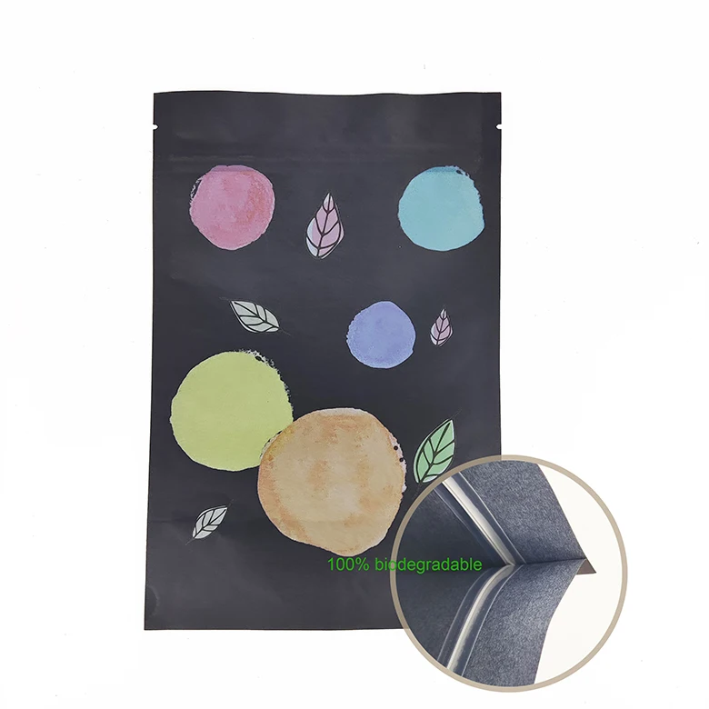 100% Eco-friendly Material Certified PLA Kraft Paper Stand Up Pouches Zipper Food Packaging Compostable Brown Paper Bag