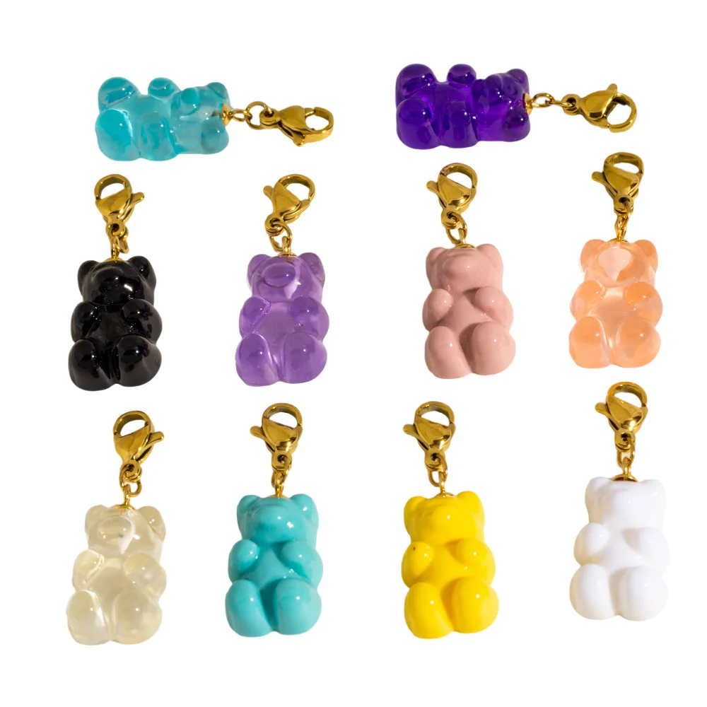Candy Color Cartoon Resin Gummy Bear Pendant Sweet Cute Bear Charm with Stainless Steel Lobster Clasp for Keychain DIY Jewelry