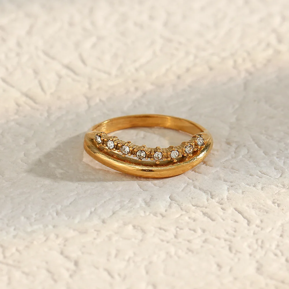 Trendy Double Layer Hollow Grain Enamel Rings 18K Gold Plated Stainless Steel Shiny Zircon Inlay Cambered Finger Rings