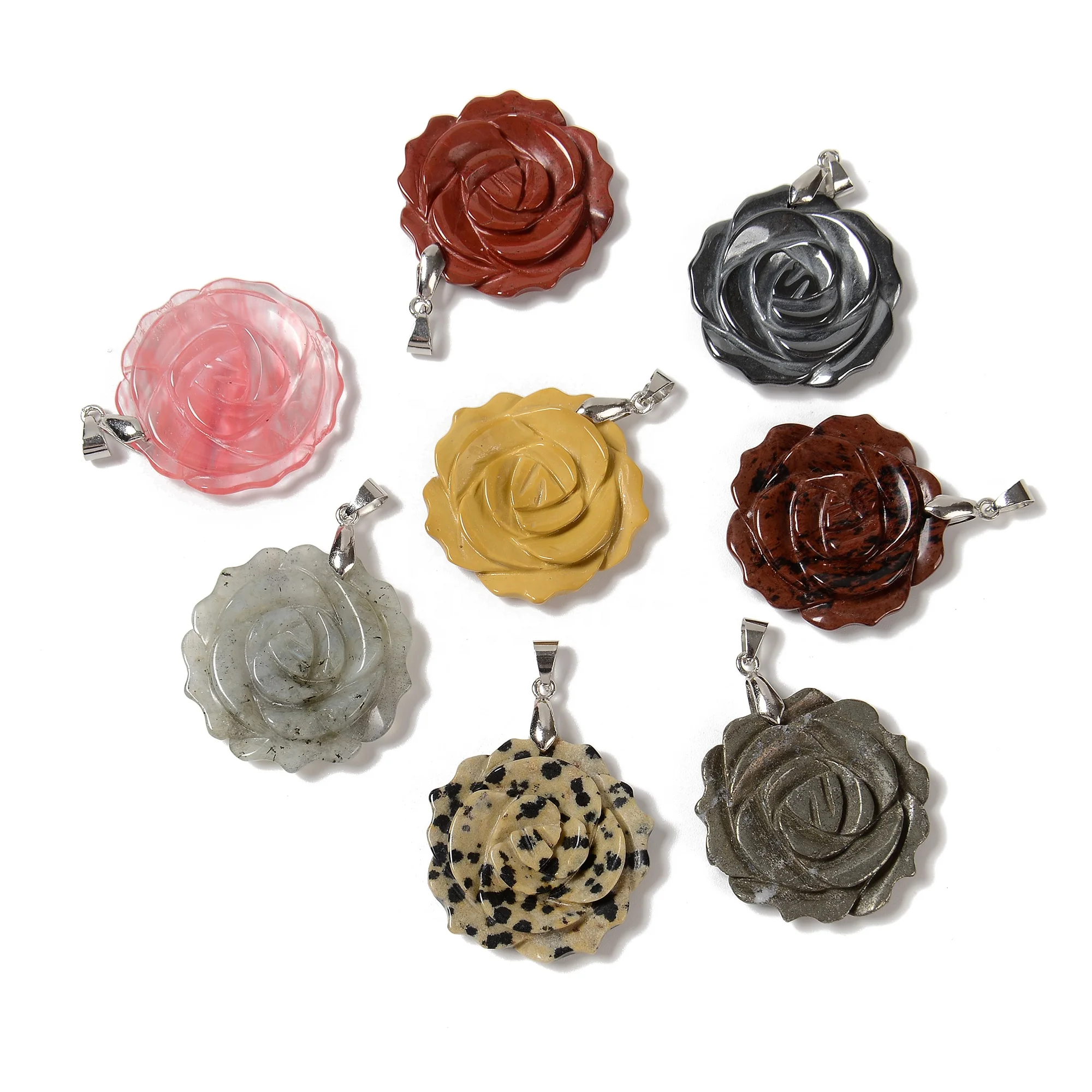 YMJ Vintage 25mm Real Jade Tiger Eye Big Carved Rose Flower-shape Charm Pendant Healing Stone Pendants for Necklace Jewelry Diy