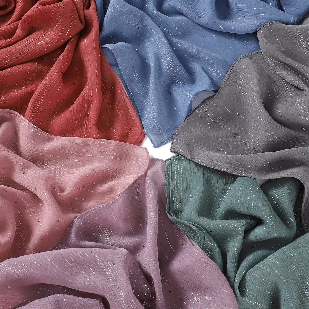 Fashion Factory High Quality Islamic Diamond Sliver Line Crepe Crinkle Chiffon Hijab Muslim Scarf Shawl For Women