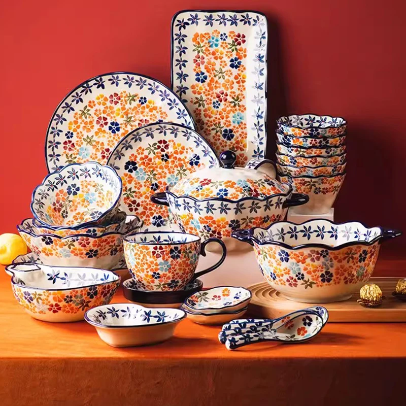 Colorful Flower Shadows Luxury Design Porcelain Dinnerware Set Plates Bowl Spoon Dish Kitchen Ceramic Tableware Sets