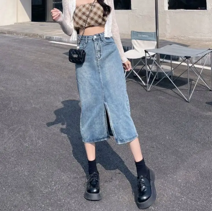Women Denim Long Skirt Dress Zipper Button New Fashion Retro Straight High Waist Girls Solid Color Pencil Slit Casual Skirt