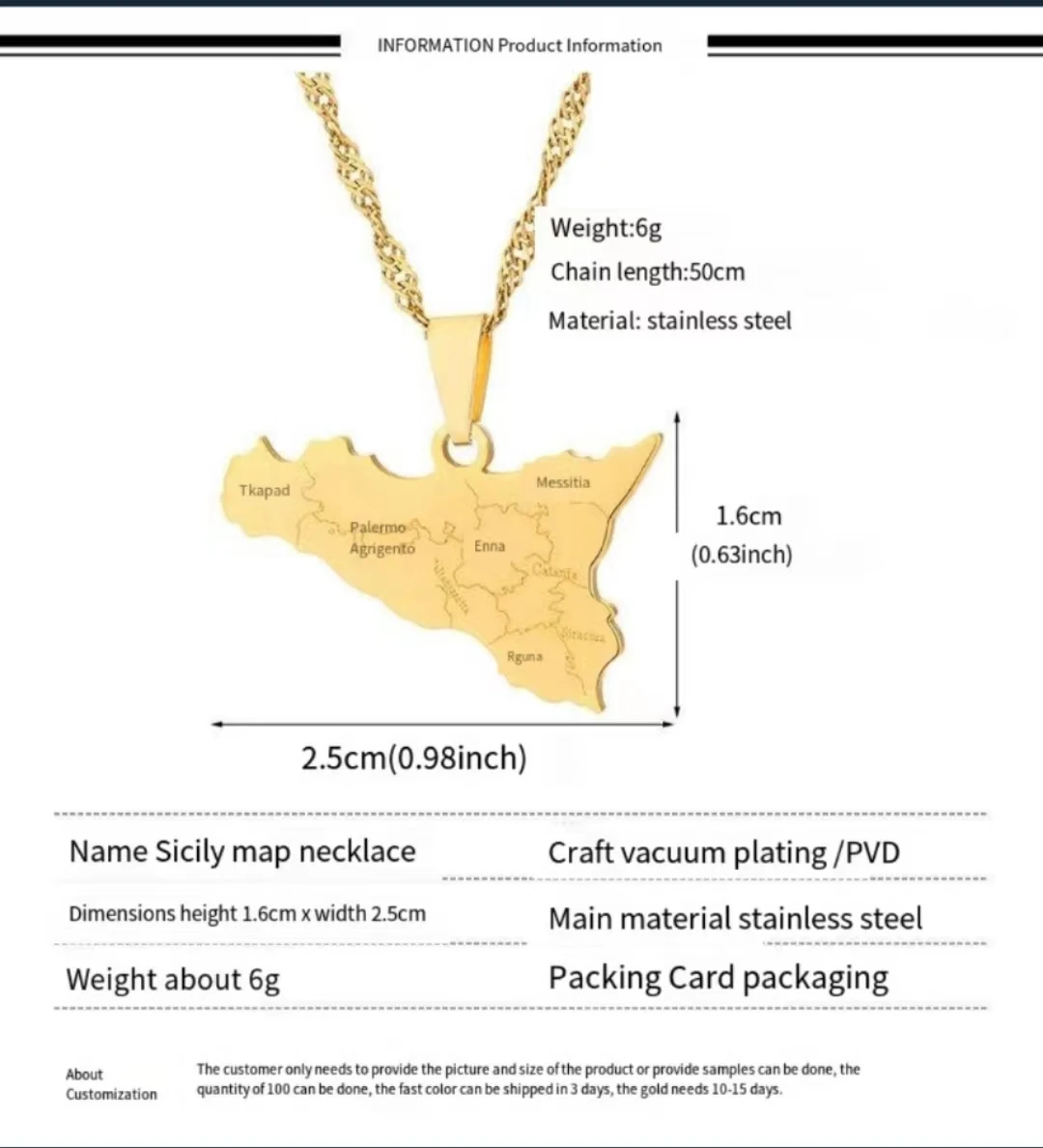 Sleek map necklace Fashion pendant Map of Sicily Italian necklace Stainless steel jewelry