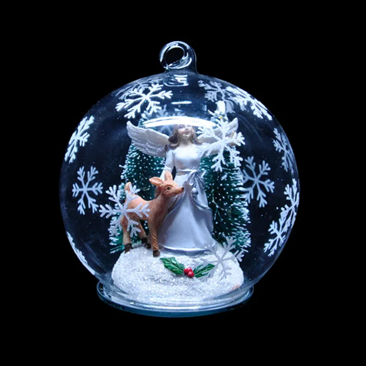12cm Decorative Glass hanging balls LED lighted Resin Angel inside snow Christmas decoration