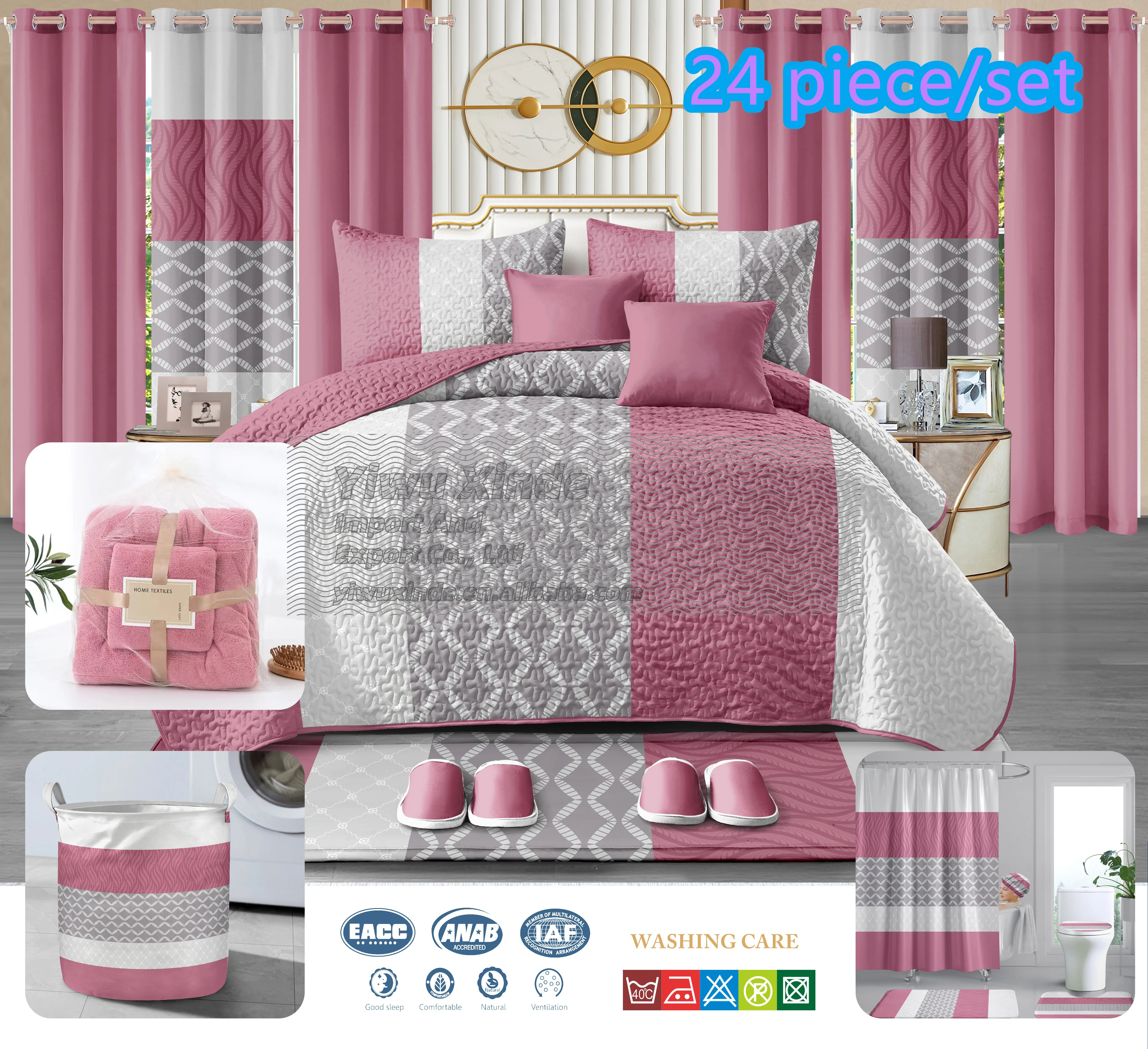 Ready to ship 24pcs bedspread set with matching curtains bathroom sets luxury quilted sheet king size 100% polyester coverlet