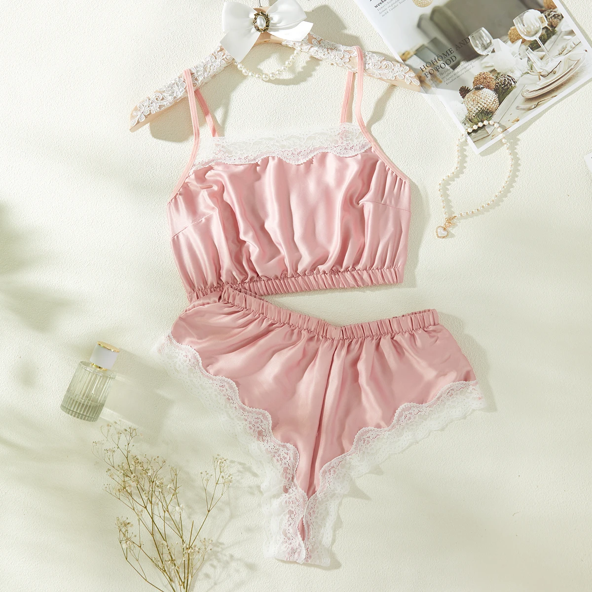 Sweet girl white lace bedroom sleep lingerie pink night pajamas set