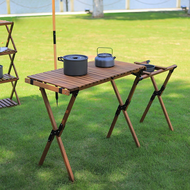 Multifunction 2 in 1 Camping Folding Roll Wooden Table Outdoor Portable Picnic Tables BBQ Foldable Desks