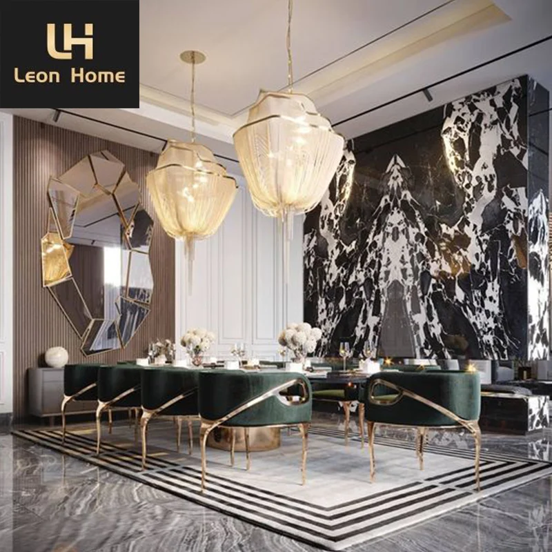 Italian Dining Room Furniture Stainless Steel Frame Marble Top Large Dining Table Set Modern Luxury Dining Table Set