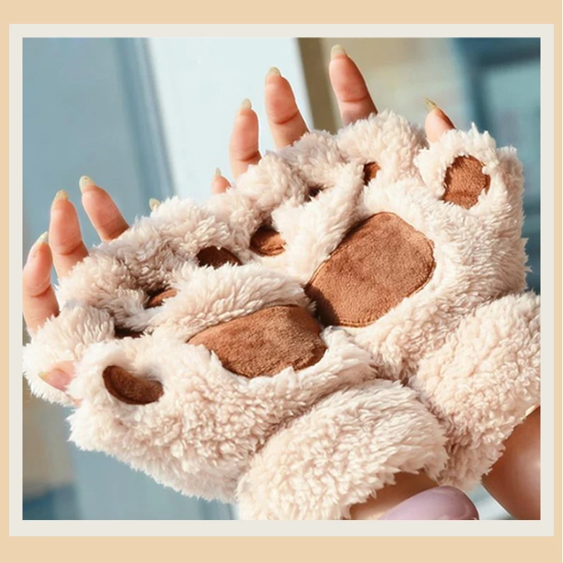 2021 Fashion Ladies  Winter Cute Mitten Soft Half Finger Gloves Warm Paw Cat Claw Plush Fingerless Gloves