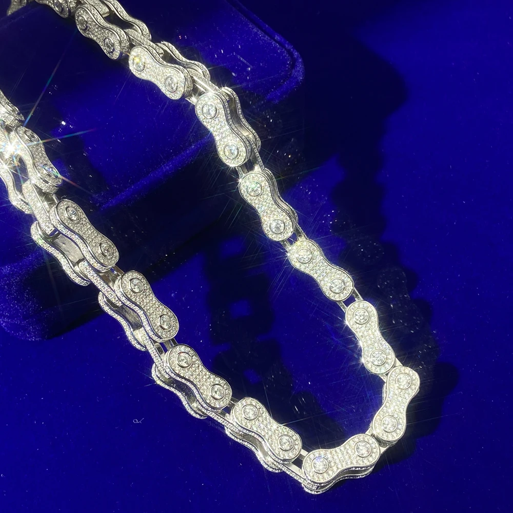 Hip Hop Rock Real Gold Silver Color Icy Cz Moissanite Bicycle Motorcycle Chain Necklace