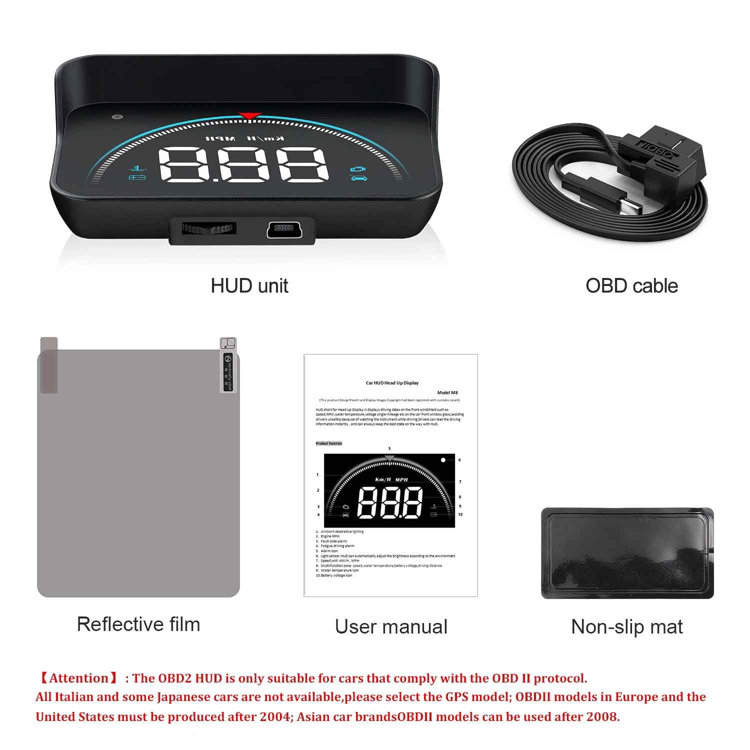 M8 Car Hud factory  OBD2  Head up Display for All Vehicles Speedometer Windshield Projector Overspeed Warning System