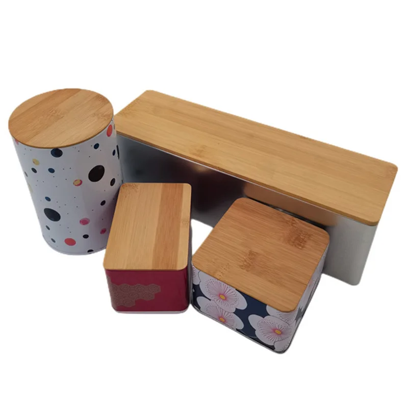 Custom printing food packaging tin box tin container metal tin can with bamboo lid for packing candies chocolate snacks cakes
