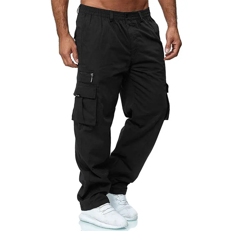 Factory casual trousers solid color flap pocket custom logo loose straight sports outdoor cargo pants men