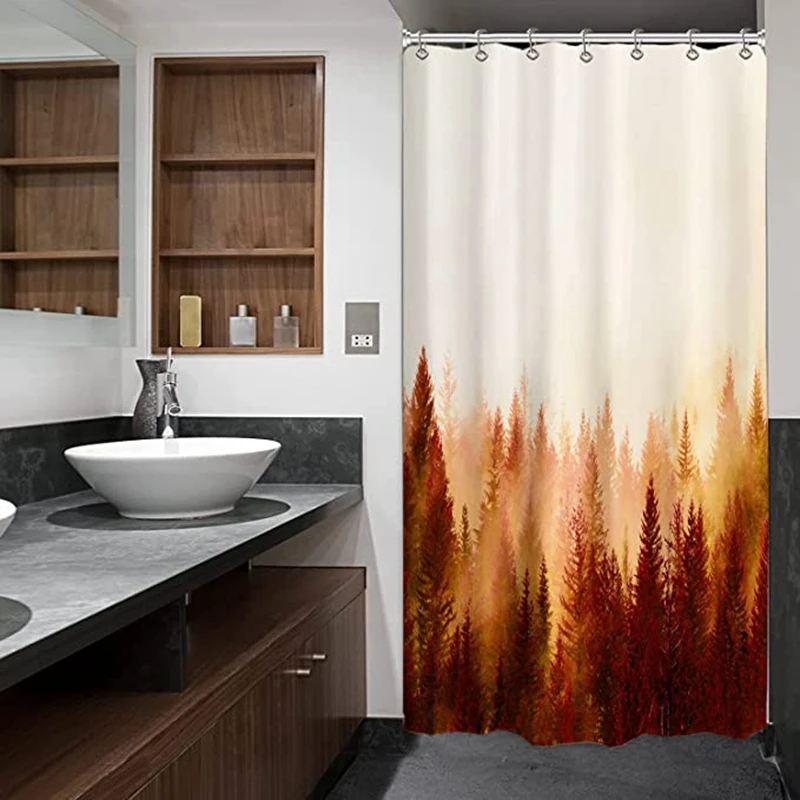 Fashional design misty forest logo waterproof polyester bathroom shower curtains with hooks