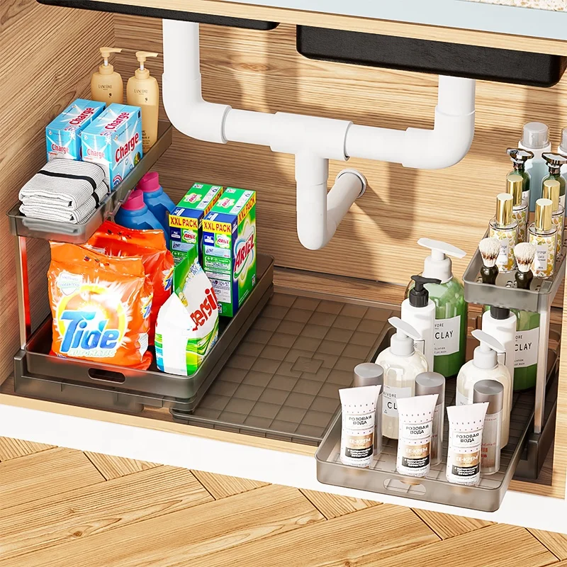 2 Tier Sliding Drawer Shelf  Multi Use for Kitchen Bathroom Home Pull Out Under Cabinet Organizer Storage Under Sink Organizer