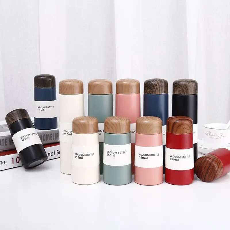 150/250ml Student Girl Boy Gift Portable Wood Grain Lid Mini Stainless Steel Water Bottle Cup