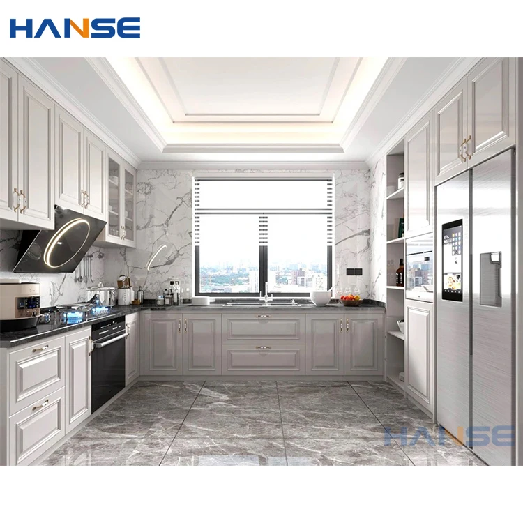 Home project wooden cupboard cabinet furniture design modern classic white solid wood kitchen cabinet sets with granite tops