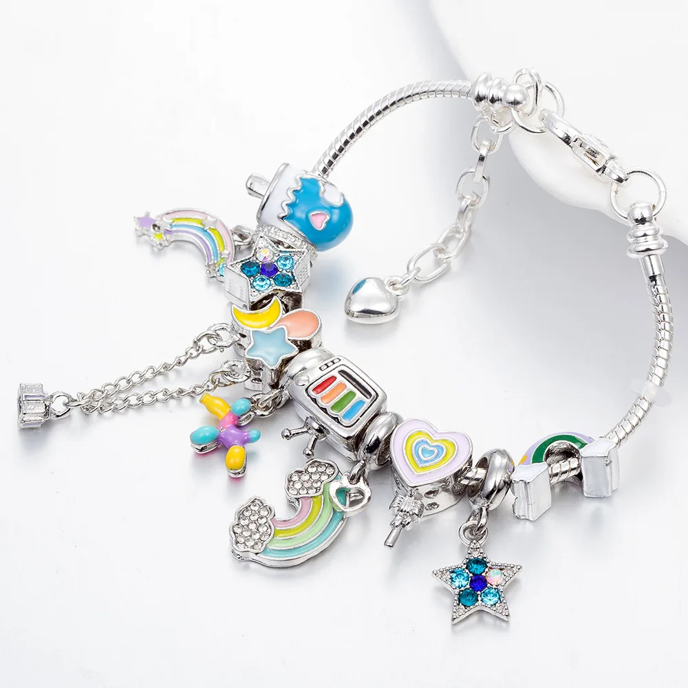 New Colorful DIY Stars Rainbow Balloon Large Hole Beads enamel rhinestones charms  bracelet silver color Wholesale