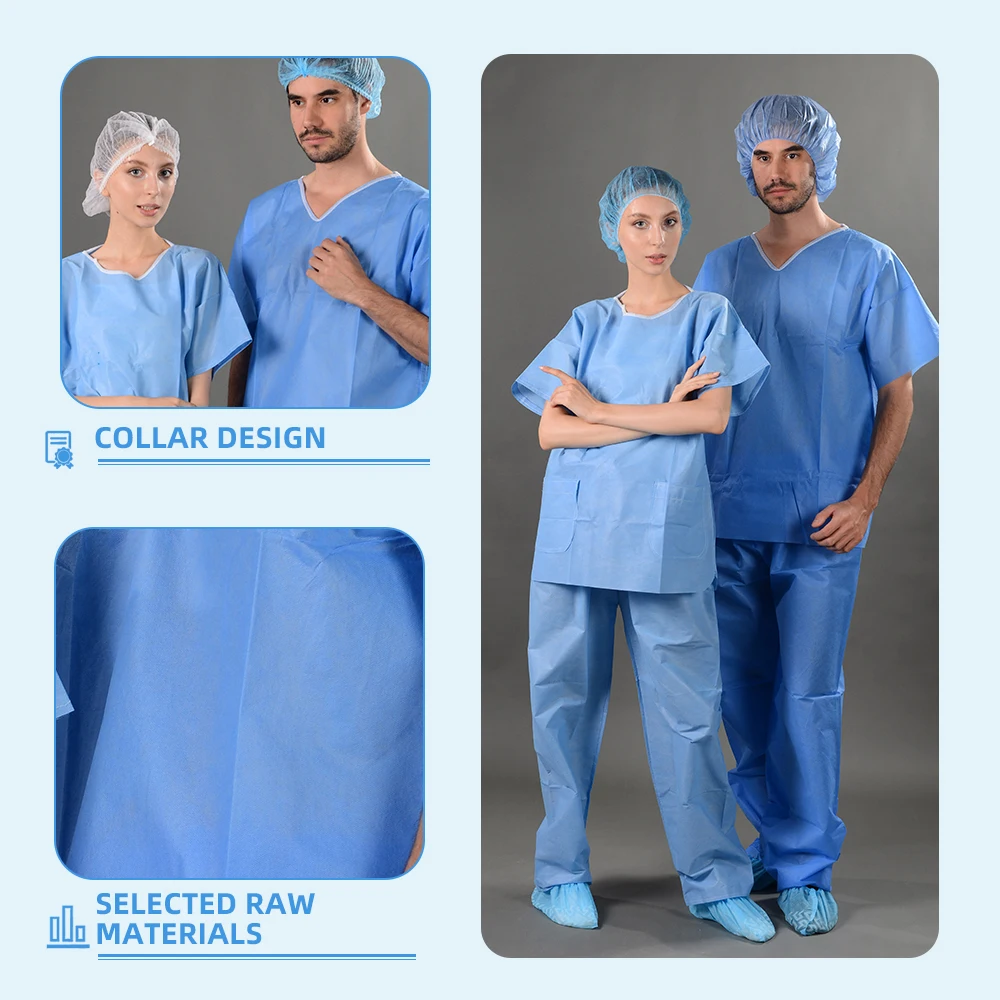 PP Nonwoven Blue Hospital Uniforms Disposable Nurse Scrub Suit and Doctor Pajamas for Patients Comfortable and Hygienic